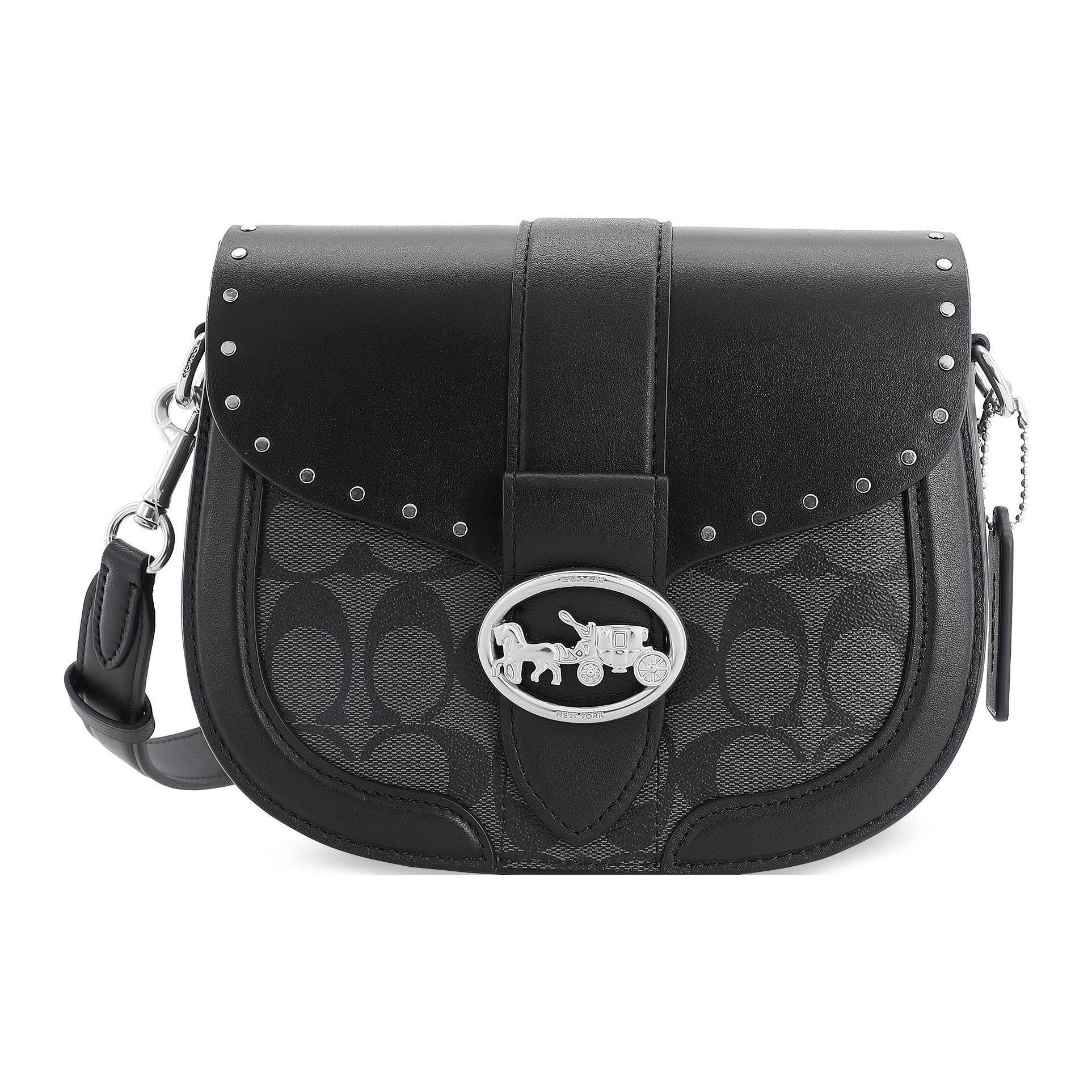

Coach Georgie 21 Color Block Studded Calfskin Saddle Bag Women Shoulder Bag Black C3593-SVS3L Basic Set (Bag+Dust Bag)