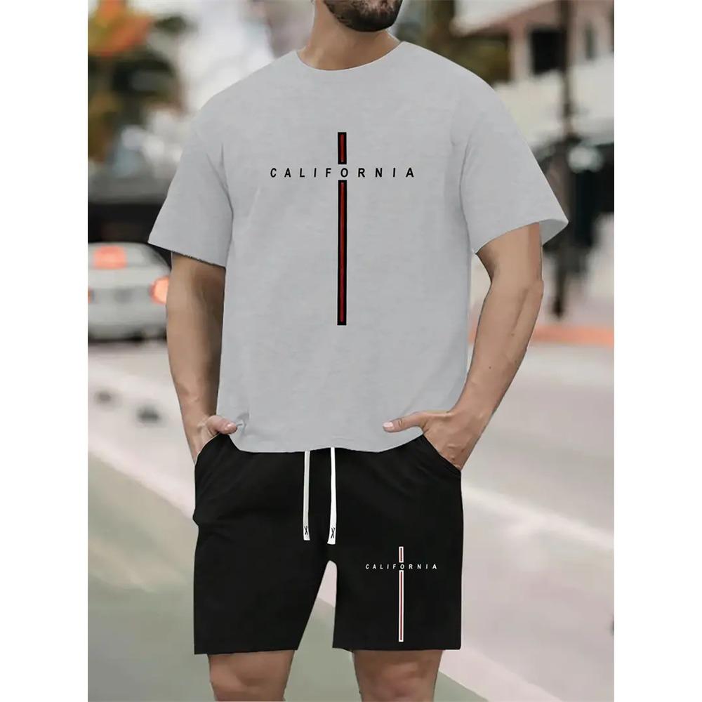 Summer Solid Color Letters Printed Suit Casual Sportswear Men's Suit Short-Sleeved T Shirt Street Hip-Hop Two-Piece Set