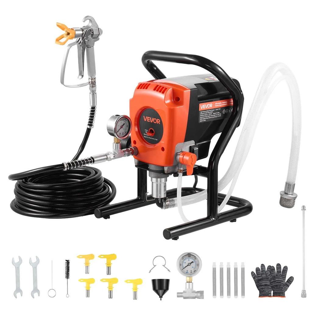 VEVOR Stand Airless Paint Sprayer, 900W, 3300PSI High Pressure Airless Sprayer, Cleaning Brush, Hose, Extension Rod, Nozzles