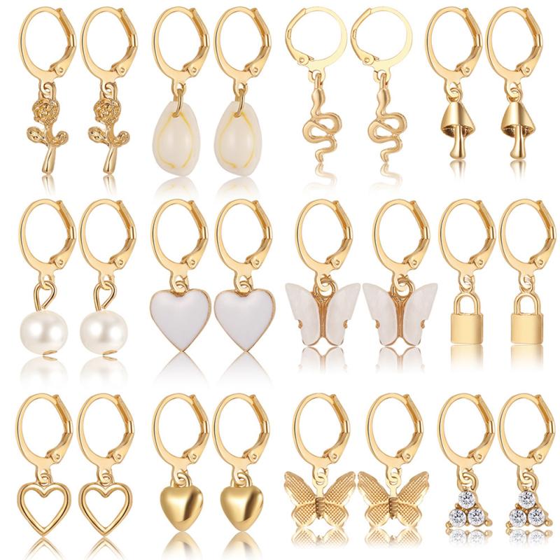12pcs Women Earrings Set Fashion Creative Heart-shaped Butterfly Pearl Earrings For Girls Gifts