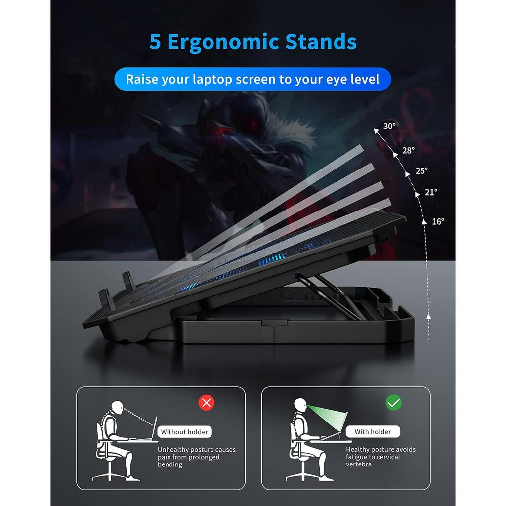 Laptop Cooling Pad for 12-15.6 Inch, 6 Cooler Fans with Blue Lights, Laptop Cooling Stand with 2 USB Ports