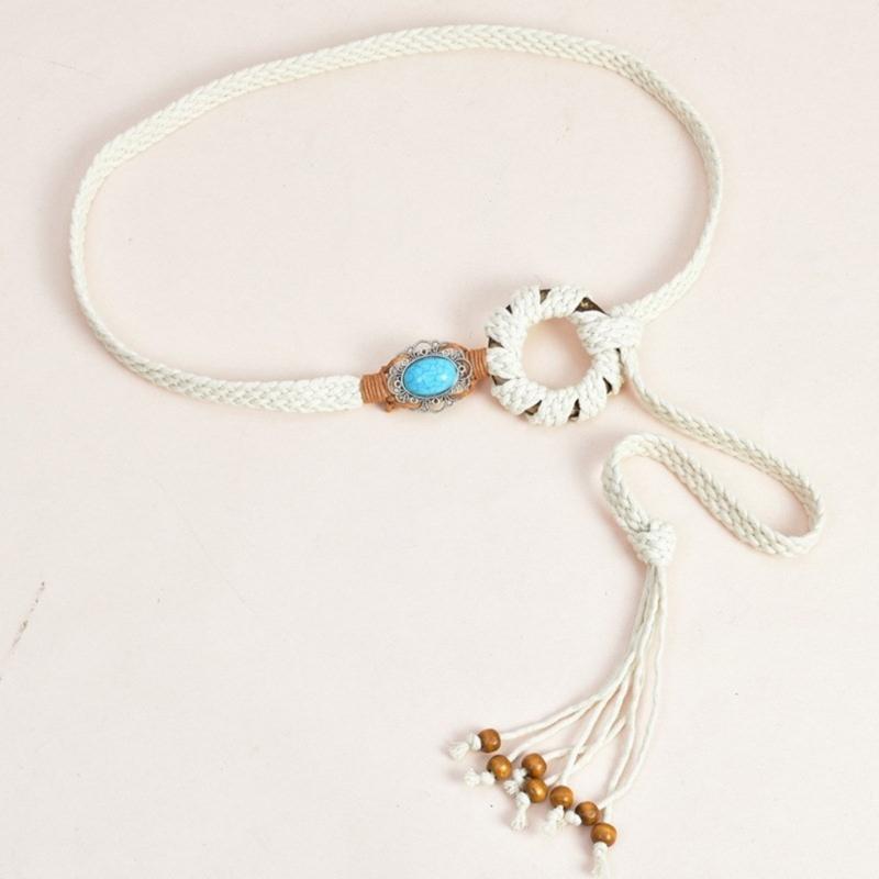 Self Tie Waist Belt for Women Ethnic Style Braided Dress Belt with Fringes&Beads