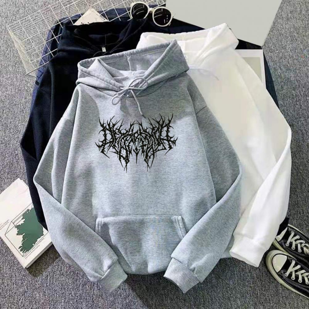 Fall Winter Unisex Hoodie Drawstring Elastic Cuff Thorn Print Thick Fleece Patch Pocket Loose Long Sleeves Pullover Warm Top