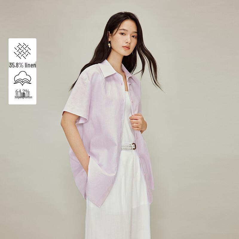 INMAN Women s Cotton Linen Lapel Short-Sleeve Shirt S