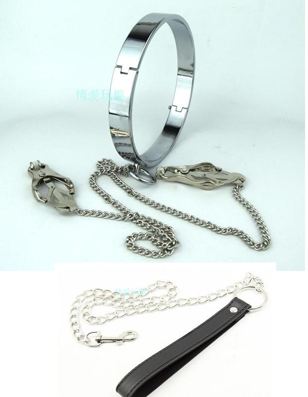 Metal Traction Collar with Nipple Clamps for BDSM Slave Training