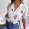 Women Summer Short Sleeve Lapel Feather Printed Casual Office Shirt Blouse Top