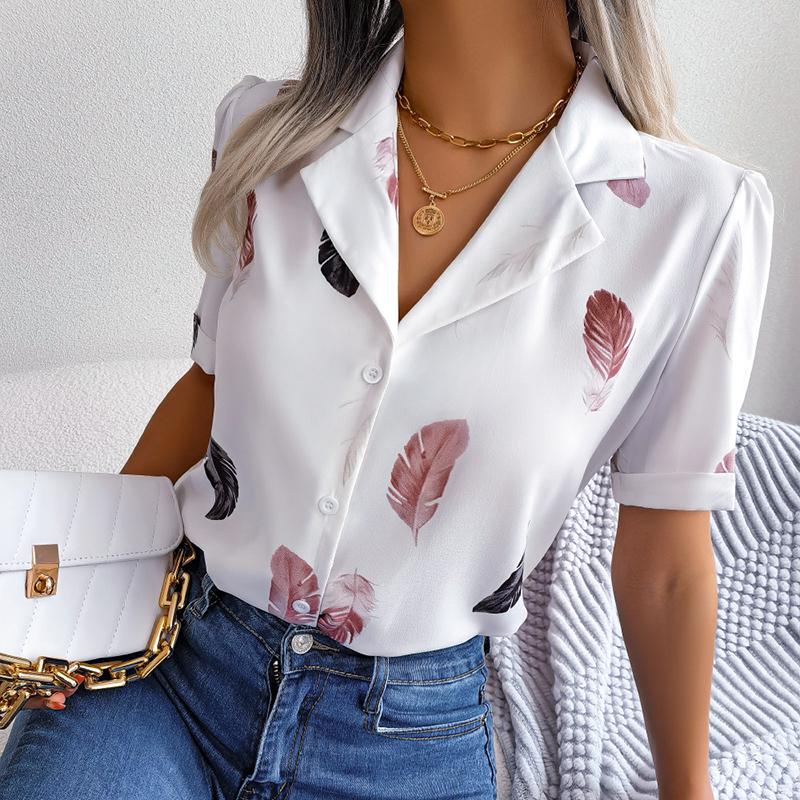 Women Summer Short Sleeve Lapel Feather Printed Casual Office Shirt Blouse Top