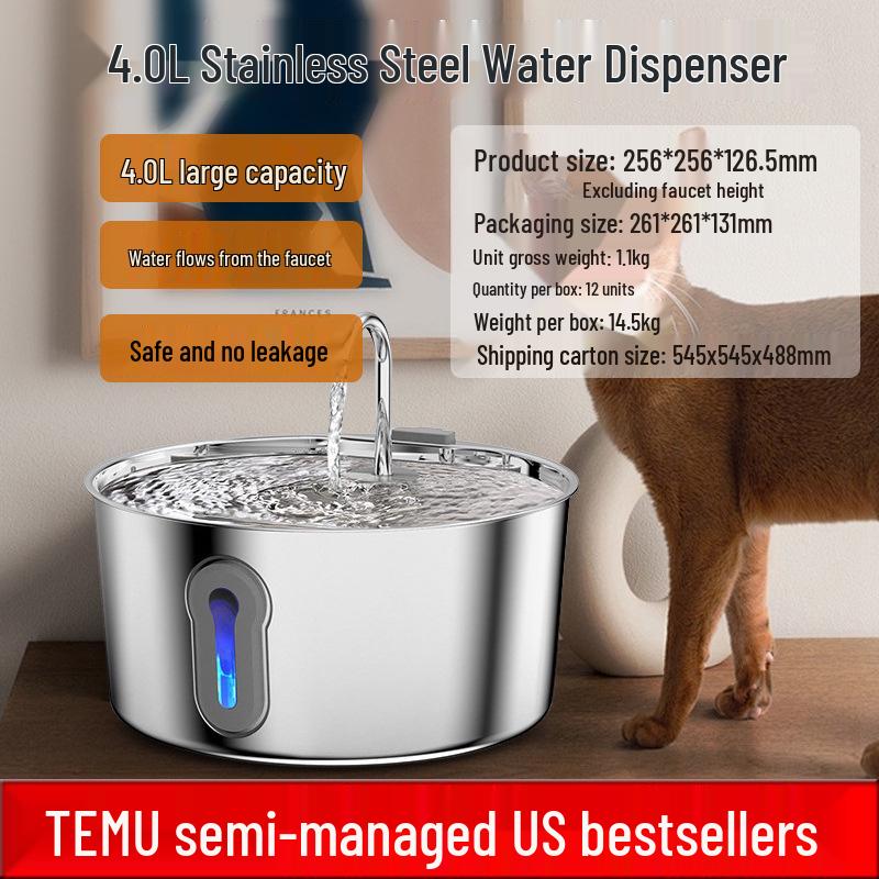 New 4L Smart Stainless Steel Pet Water Fountain - Automatic Circulating Dispenser for Cats and Dogs