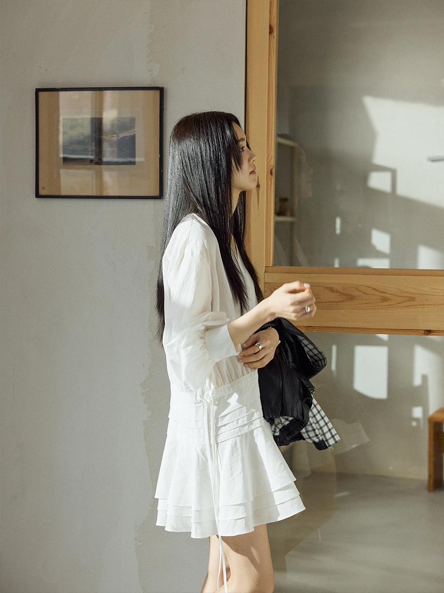 Shi Jian Tencel Hand-Pleated Spring Dress with Cinched Waist F грязно-белый