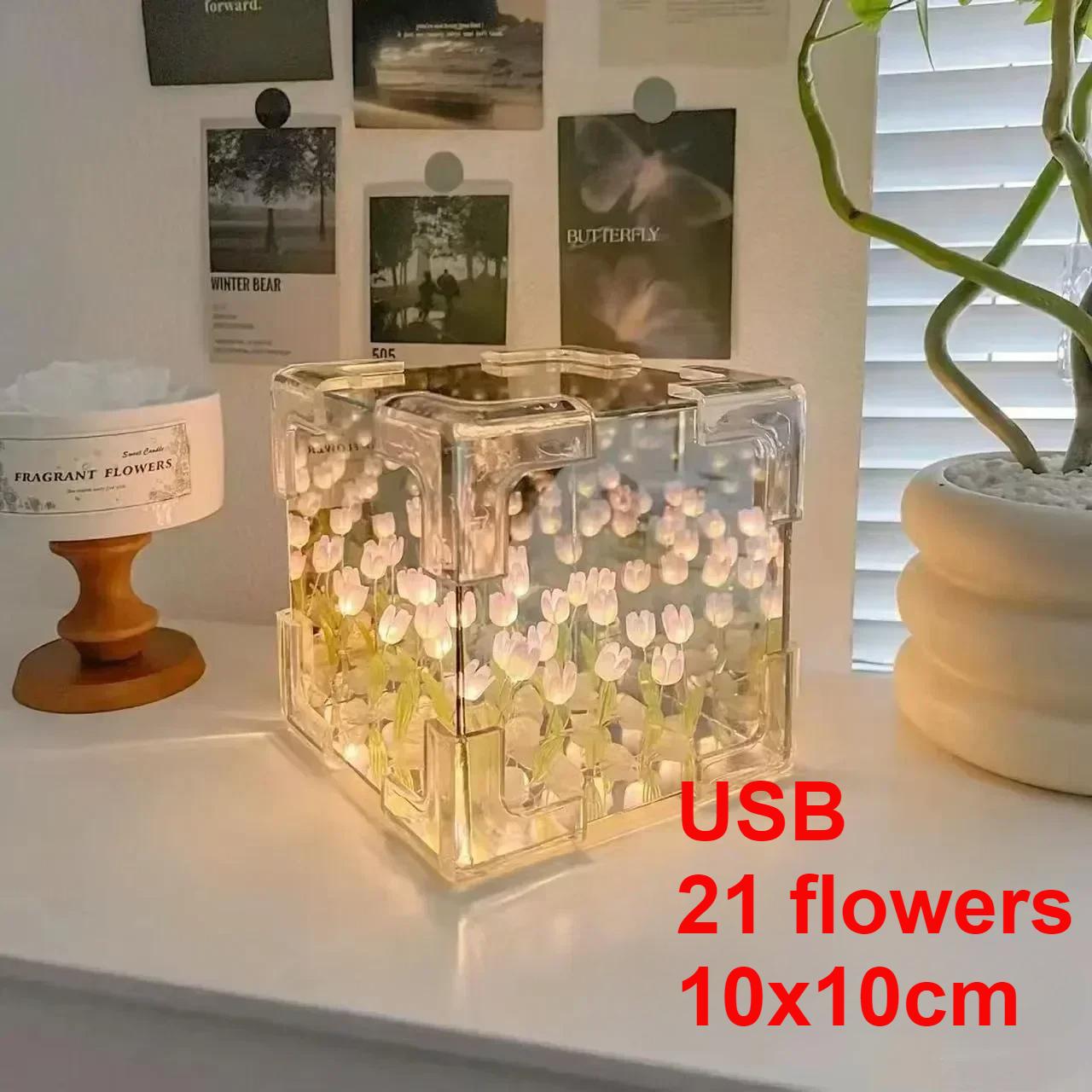 

Тюльпан Зеркальный куб Лампа Имитация Цветка Спальня Спальный Настольный Светильник Ручная работа DIY Ремесло Тюльпаны Зеркальный Ночной Светильник Подарки на День Рождения 21 flowers USB