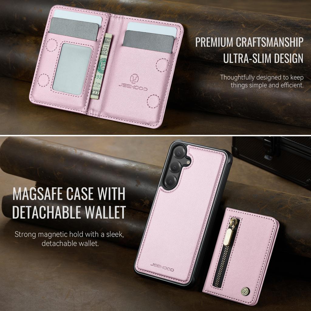 For Samsung Galaxy S26 Case JEEHOOD J12 Magnetic Detachable Zipper Wallet Kickstand Leather Back Cover Compatible with MagSafe