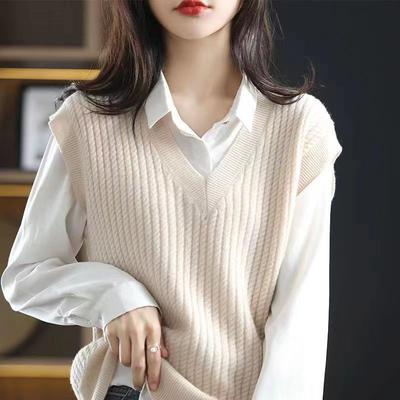 Knitted Sleeveless Sweater Vest Women's Retro Design Loose V-neck Vest Lazy Style Top