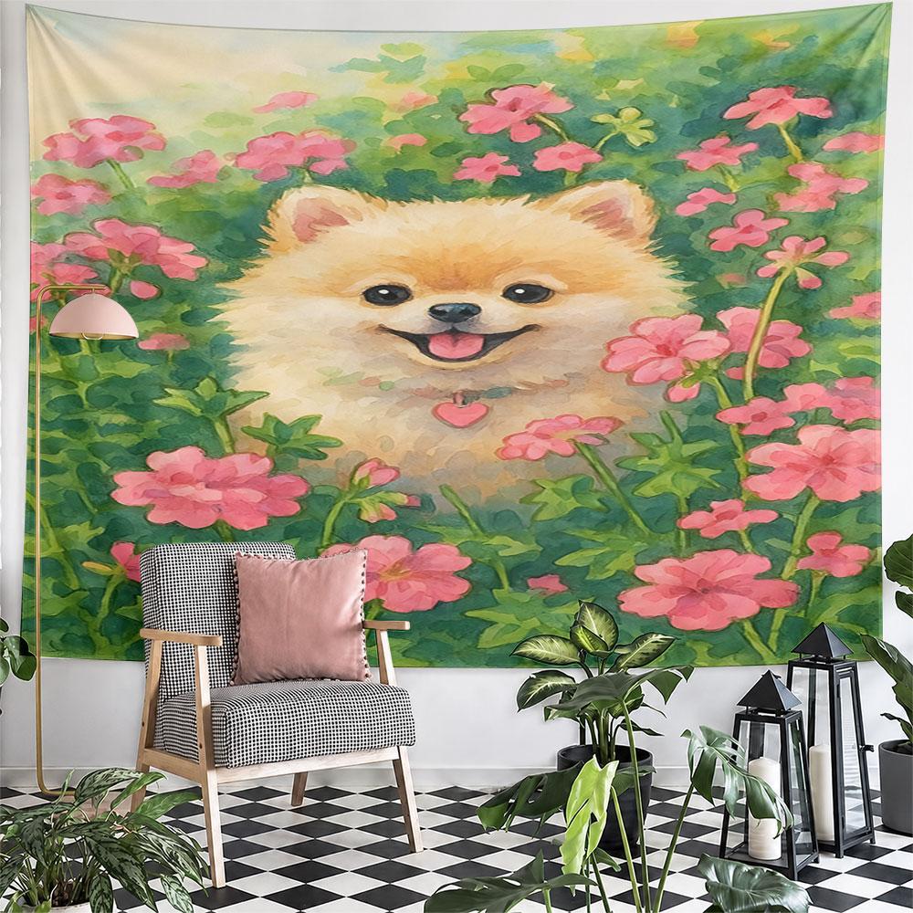 Fluffy Dog in Pink Flowers Garden Pattern Wall Hanging Tapestry Decorative Tapestry Home Decor for Bedroom and Living Room