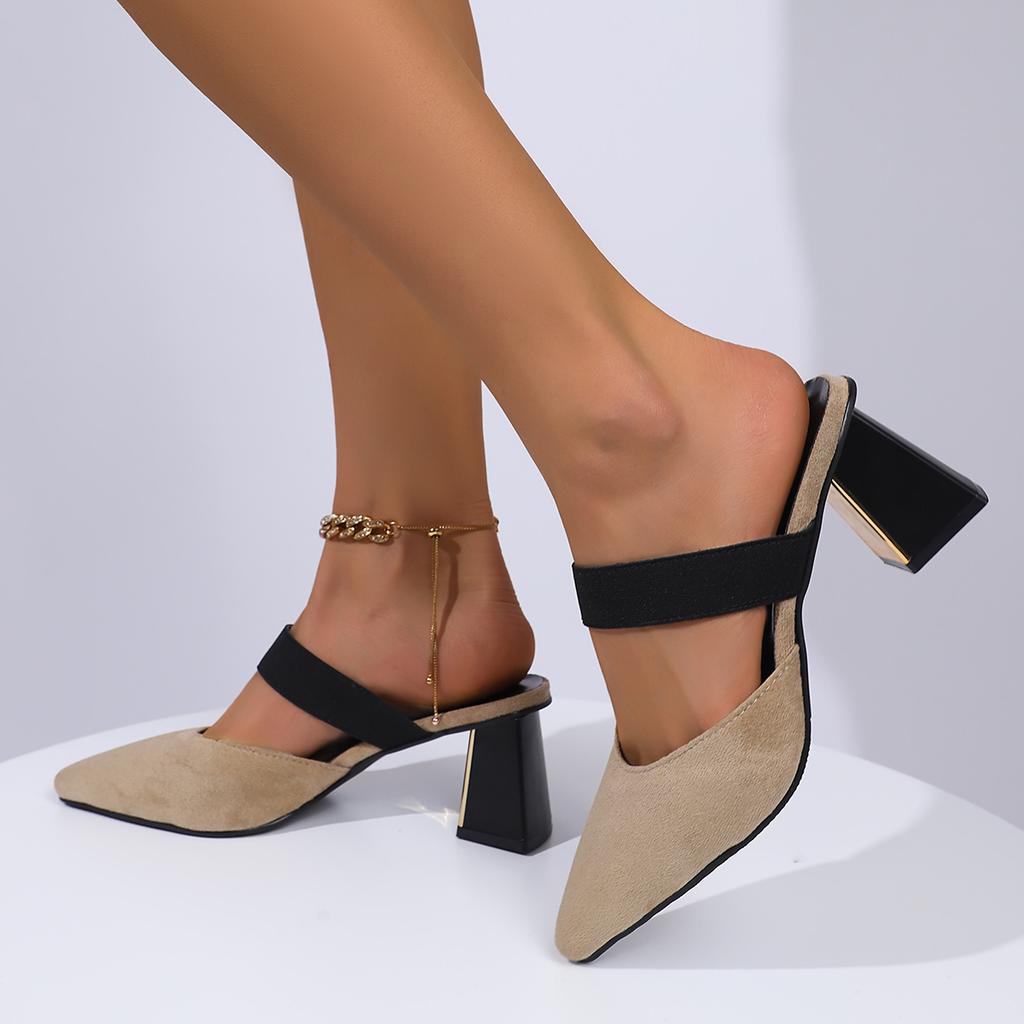 2025 New Women Pointed Toe Slippers Thick Heel Sandals Comfortable High Heel Lazy Slip-On Shoes Women Zapatos De Mujer