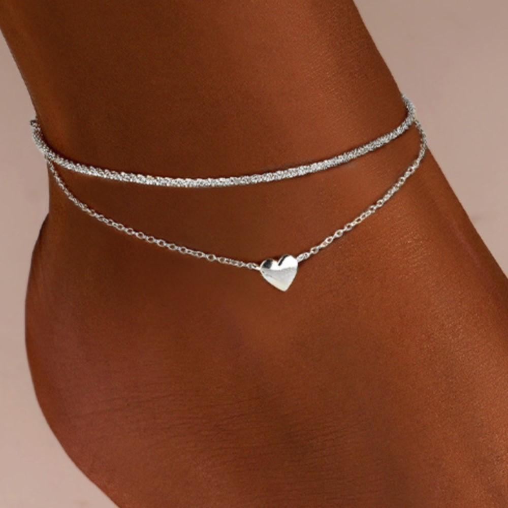 Elegant Sparkling Double Layer Heart Pendant Anklet for Women Bohemian Style Sexy Chain Summer Hoilday Jewelry Gifts