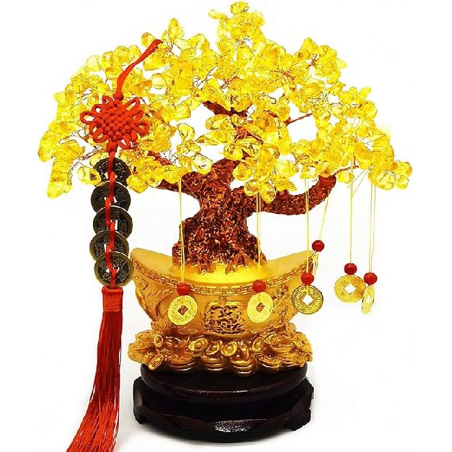 Feng Shui Yellow Quartz Crystal Tree, Bonsai Style Money Trees Decoration for Luck and Wealth (Yuan Bao)