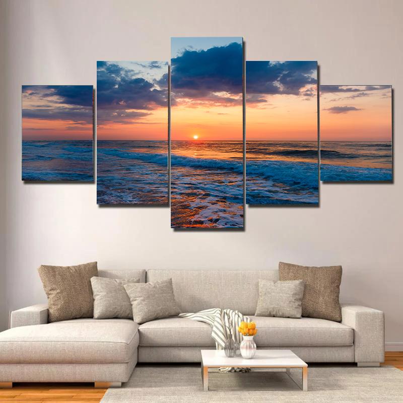 5 pieces Seaside Landscape Canvas Painting, Sunrise, Sunset, Coconut Trees and Ocean Waves, For Home Room Hotel Decor, No Frame