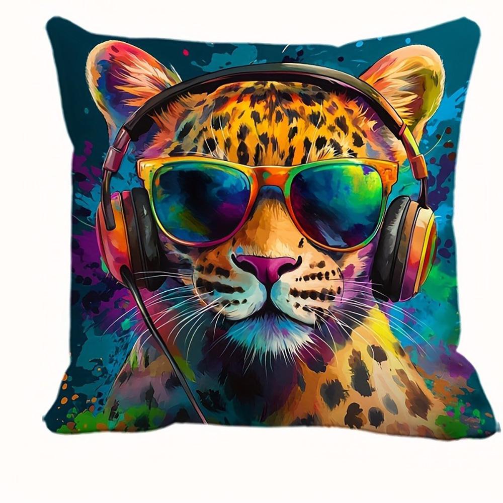 Adorable Animal-Print Pillows with Sunglasses and Headphones: Giraffe, Lion, and Leopard Designs! Sofa Cushion Cover