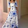 Summer Dress Elegant Women Flower Printed Maxi Dress High Waisted Short Sleeve Square Collar Fashion Holiday Dresses