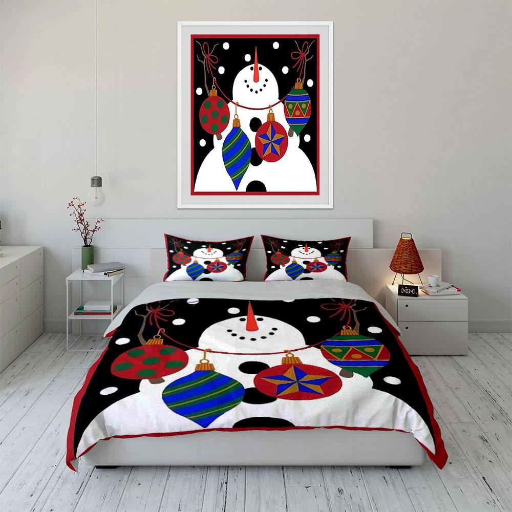 Snowman with Christmas Ornaments Bedding Duvet Cover Set Duvet Cover Pillowcases  (1*Duvet Cover 2*Pillowcases, Without Duvet Insert)