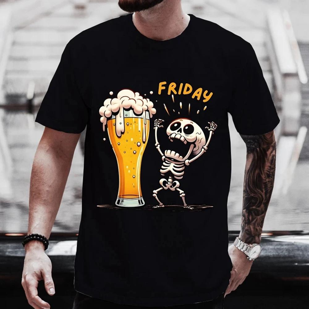 

Men s T Shirt Short Sleeve Tops Skeleton Enjoying FRIDAY Tees Men T-Shirt Black Tees Finally Friday for Beer Lovers Male 62443 4XL