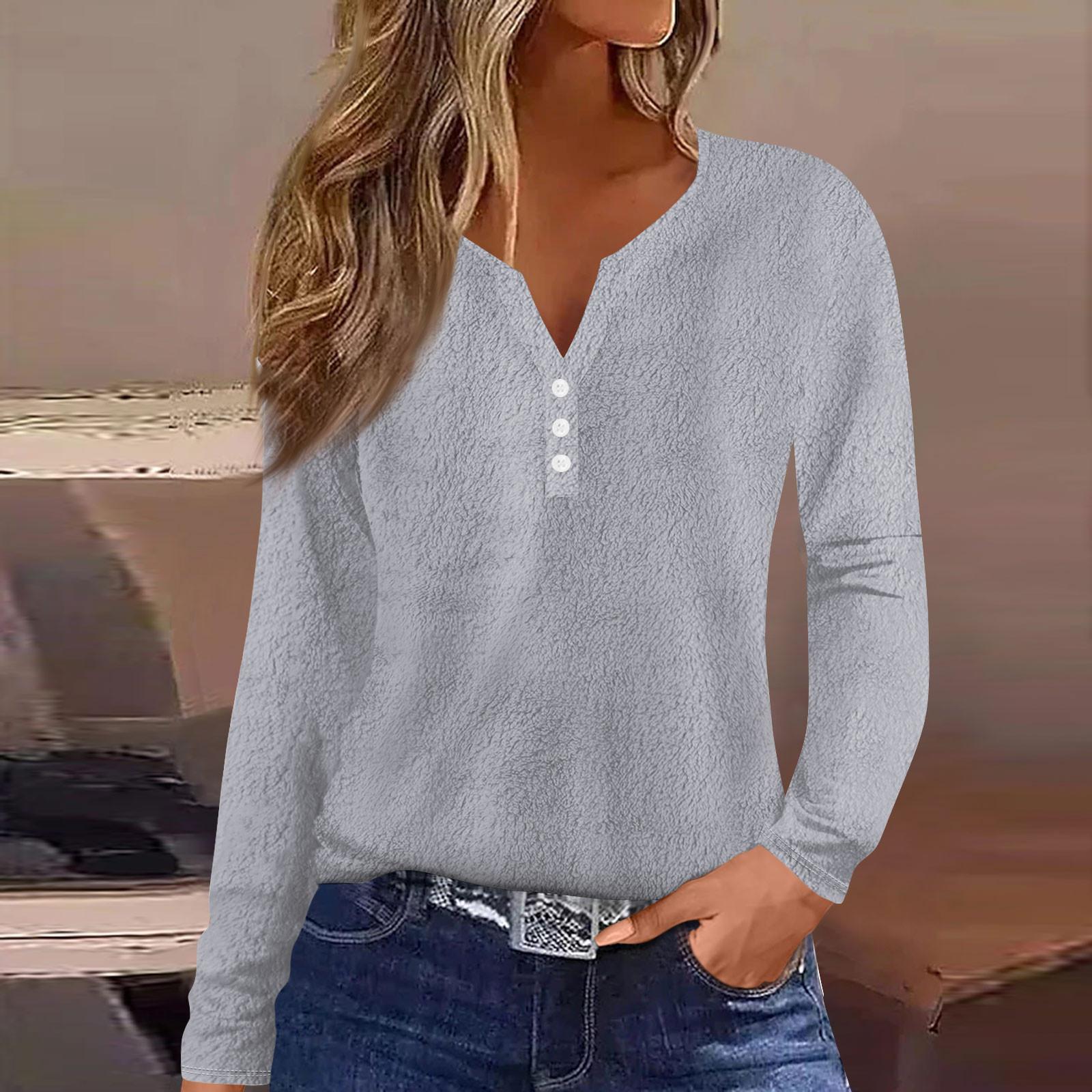 

Женская модная повседневная однотонная футболка с v-образным вырезом и длинным рукавом на пуговицах, топ M