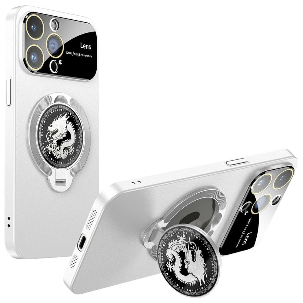 

For iPhone 15 Pro Max Case Compatible with MagSafe Loong Pattern Kickstand Rubberized PC Cover White