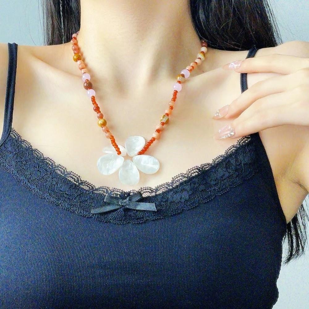 Beaded Shell Flower Necklace Boho Ocean Style Neck Chain Stone Pendant Necklace  Girls