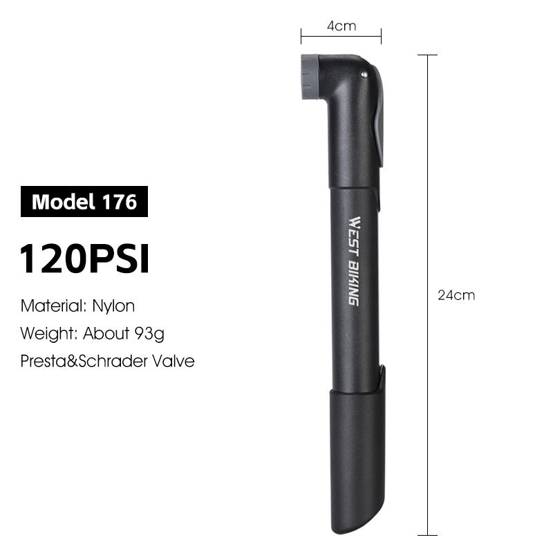 WEST BIKING Mini Bicycle Pump 120PSI Portable Schrader/Presta Valve Air Pump Bike Tire Hand Inflator MTB Road Bike Accessories Black 120PSI
