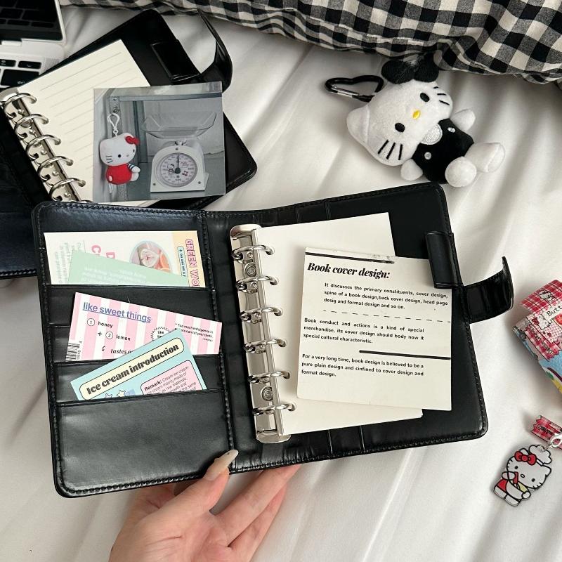 Kawaii Kitty A7 Retro Small Notebook Black Faux Leather Binder Portable Diary Set With Card Holder Student Stationery Supplies