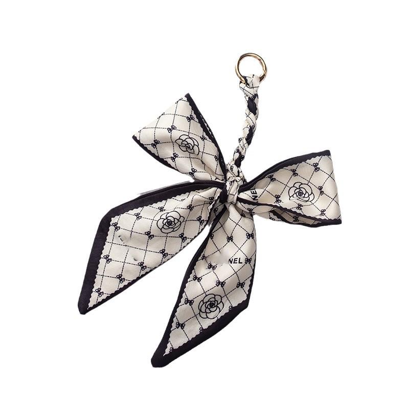 Silk Scarf Keychain with Horseshoe Buckle and Ribbon Bow for Bags and Cars