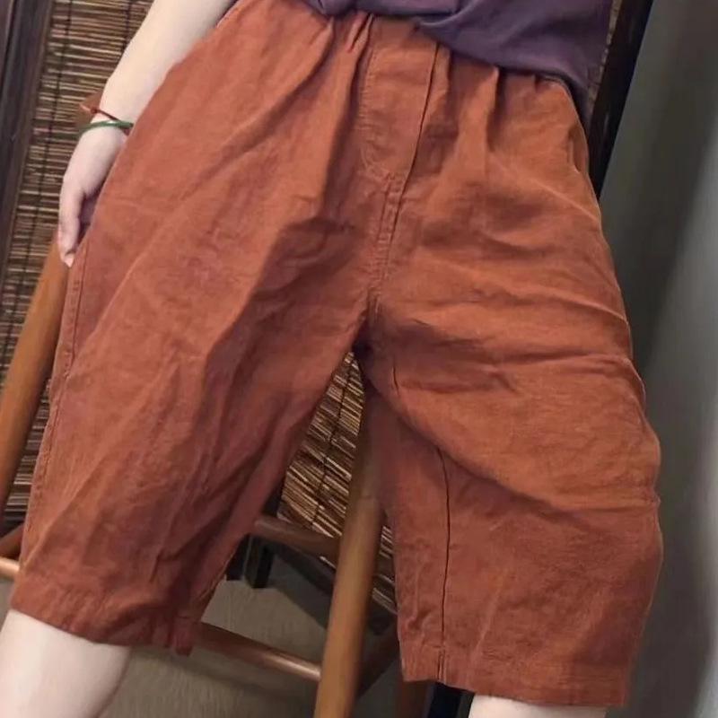 Women’s Retro Elastic Waist Cotton Linen Straight-Leg Pants - Summer 2024 Plus Size Casual Slimming Five-Point Style