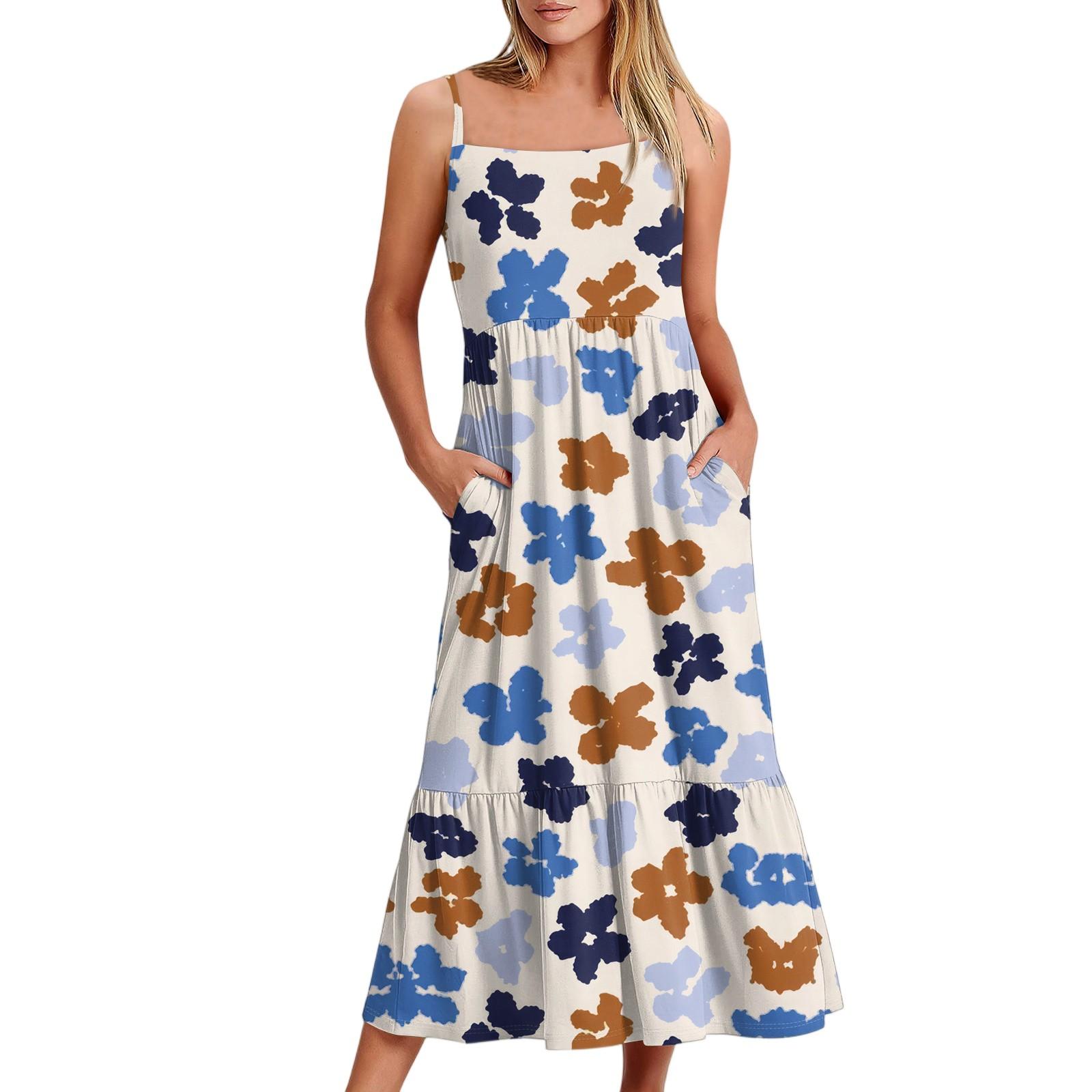 

Женское длинное пляжное повседневное элегантное платье макси на тонких бретельках с цветочным принтом, струящееся платье в стиле бохо XXL