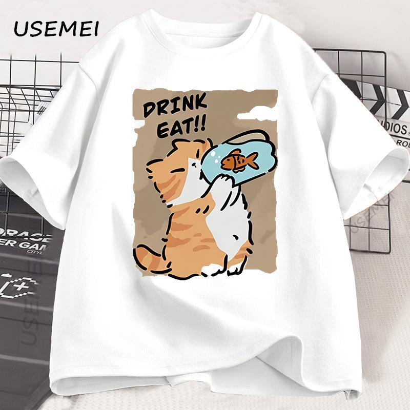 Funny Cat Eat Fish T-shirt Trend Printed Cotton Round Neck T-shirt Men and Women with The Same Loose Casual Short Sleeve Tees