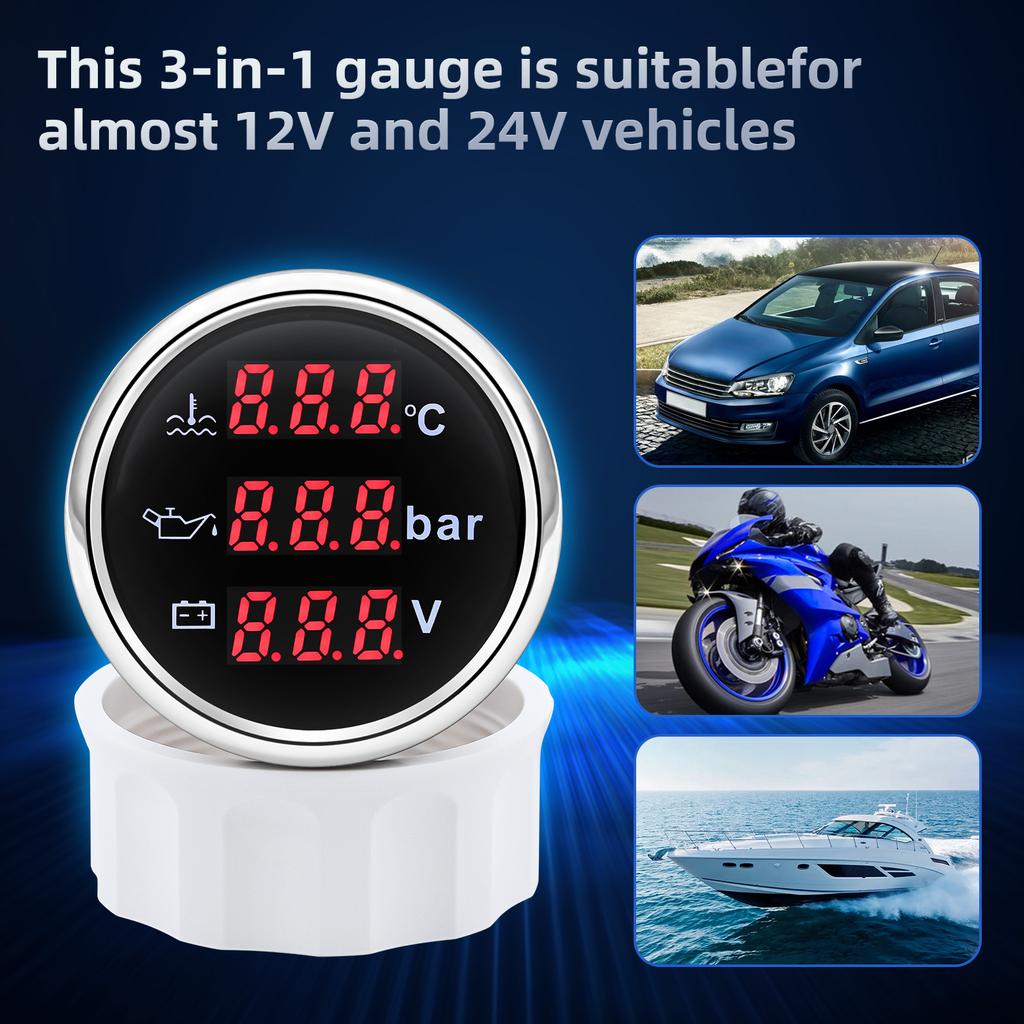 52mm 3 In 1 Water Temperature Oil Pressure Voltmeter With Alarm Gauge For Marine Car Boat Multi-Function Waterproof LCD Meter