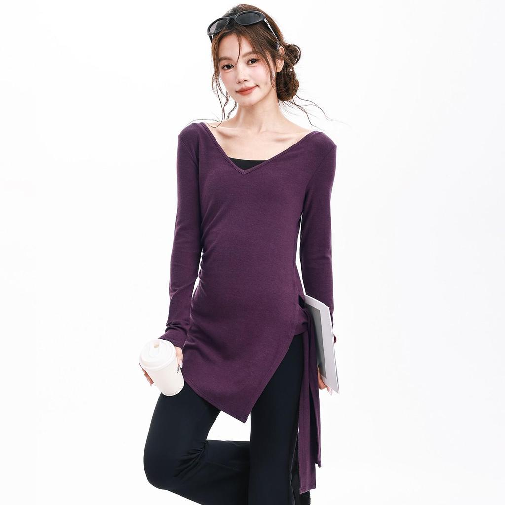 Run Kaka Purple Mid-Length Slit Long Sleeve Yoga Top