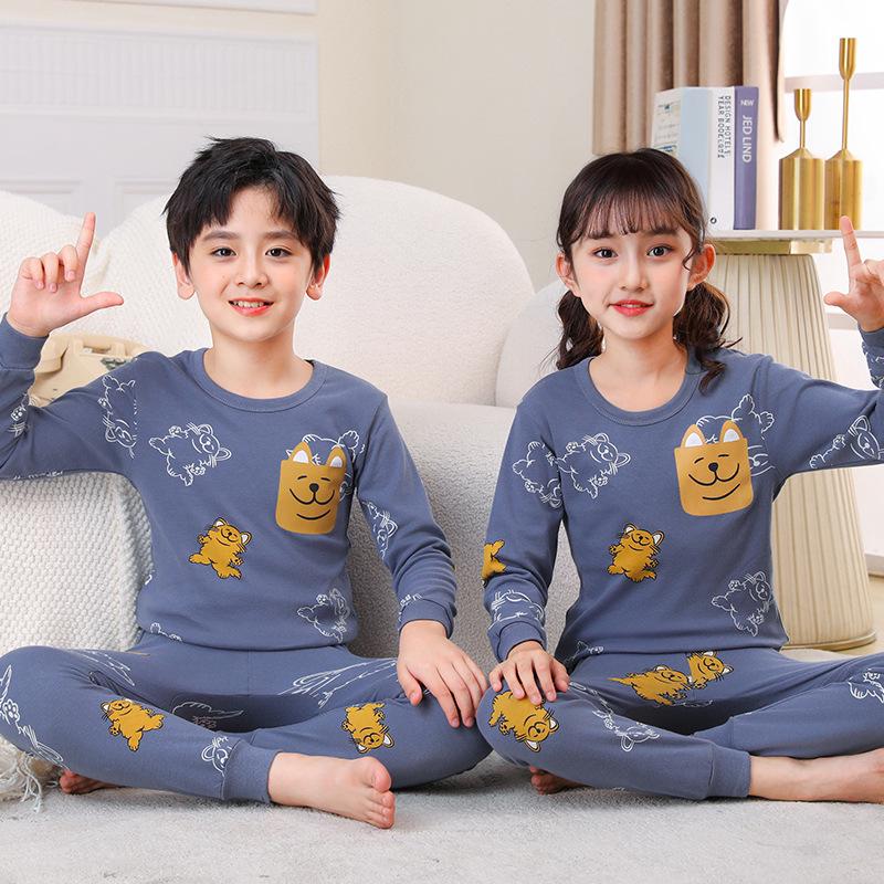 Kids' Cotton Pajama Set: Boys' Warm Underwear or Girls' Autumn Sweater and Pants, Small to Medium Sizes.