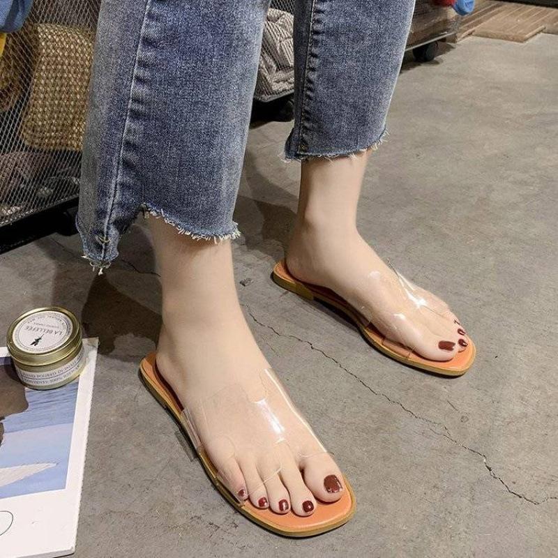 Summer new women's shoes one word fashion Korean version transparent jelly cool slippers flat bottom women's square head slippers women