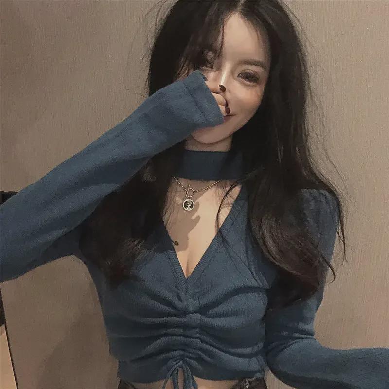 

Chic French V-Neck Halter Long-Sleeve Knitted Top for Spring One Size [37.5kg-60kg] білий