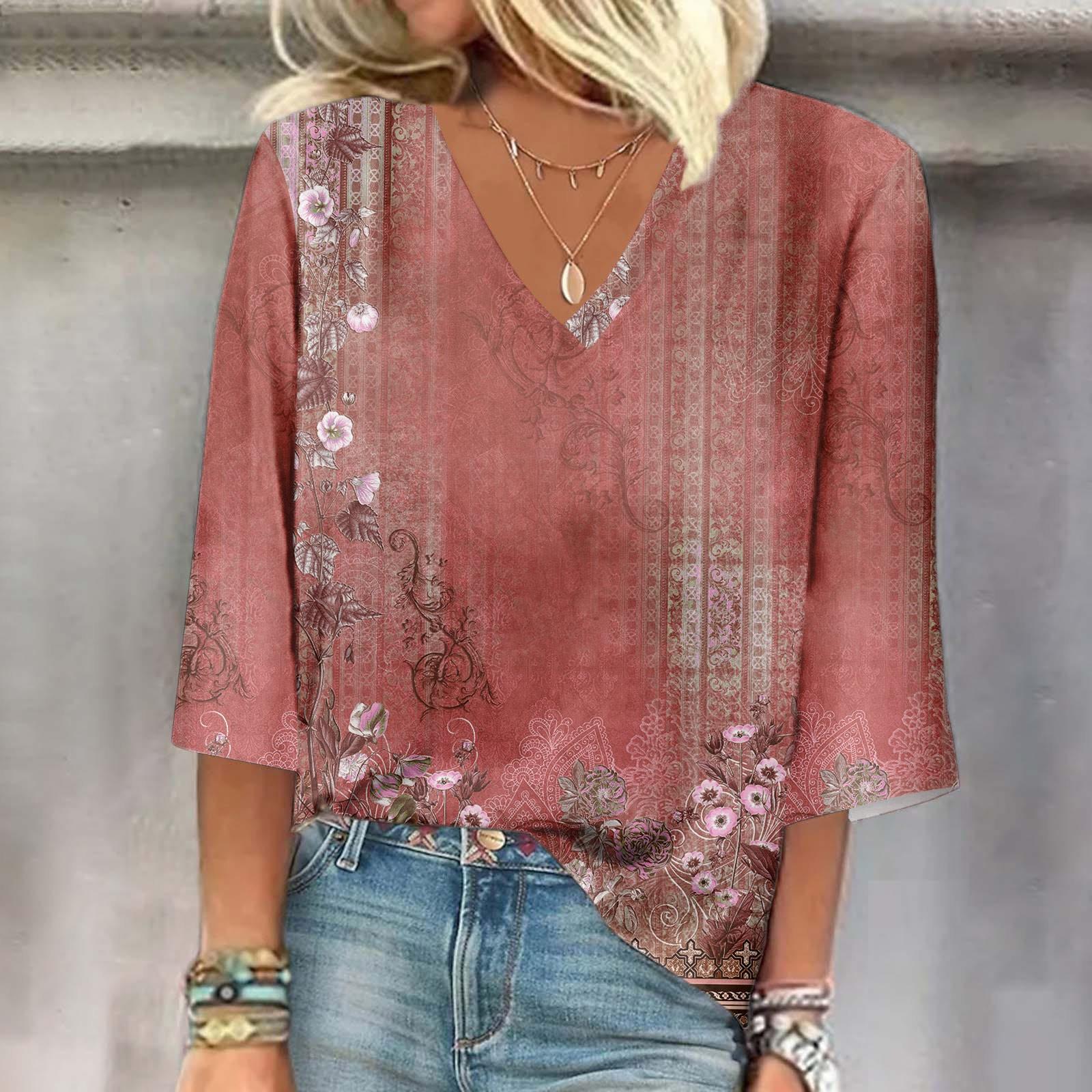 

Женская рубашка, блузка, повседневные свободные рубашки, рукава 3/4, топы с v-образным вырезом и принтом, топы с принтом, футболки, футболки XL красный