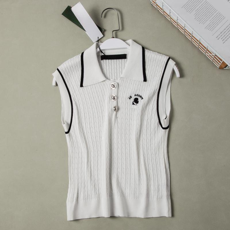 

New Product American Style K ER Women clothes Fashion Twisted Pattern Mosaic Color Lapel Three Buckles Sleeveless Knit Vest Top White XS