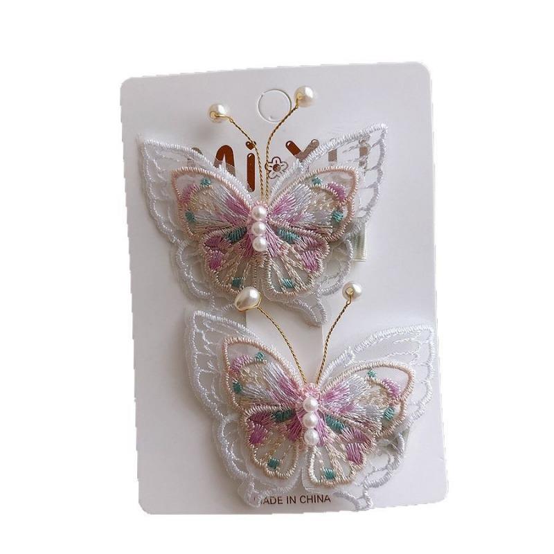 2pcs/set Retro Embroidery Butterfly Hair Clip for Baby Girl Mesh Sweet Peal Kids Hair Pin Fashion Hair Acccessories Headwear