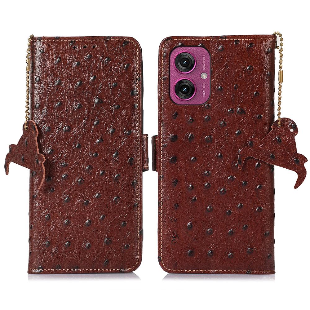 

For Motorola Moto G55 5G Case RFID Blocking Genuine Cow Leather Phone Case Ostrich Texture Coffee