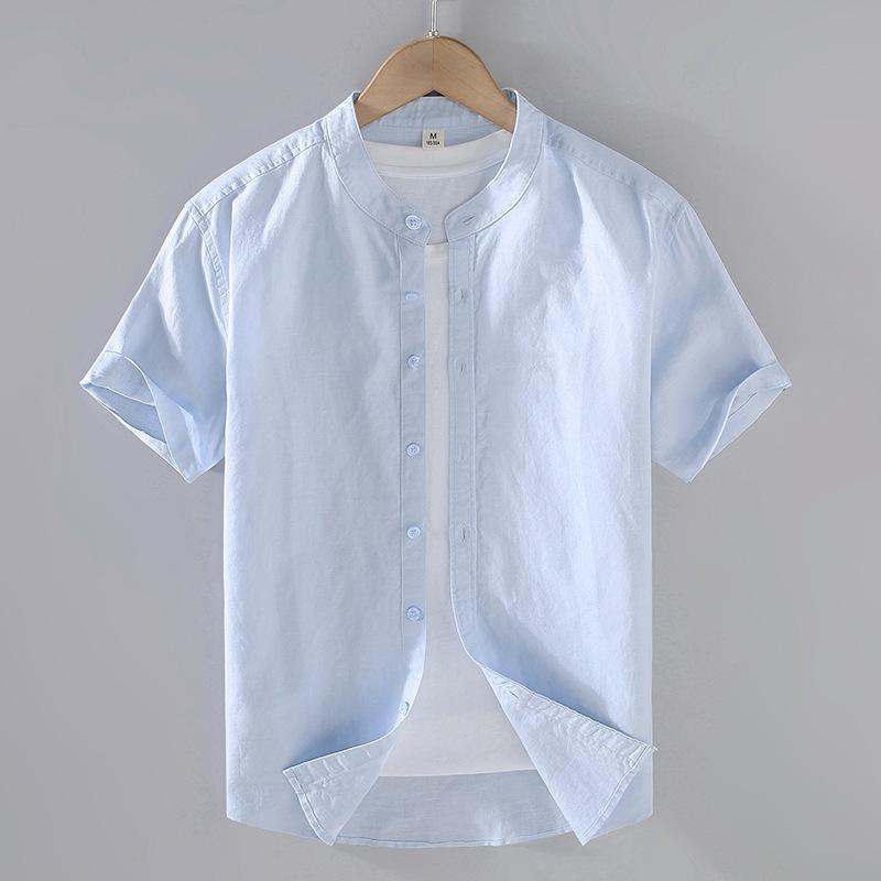 Men's Cotton Linen Short-Sleeved Shirt Summer Streetwear Plain Color Stand Collar Casual Beach Style plus Size M-3XL