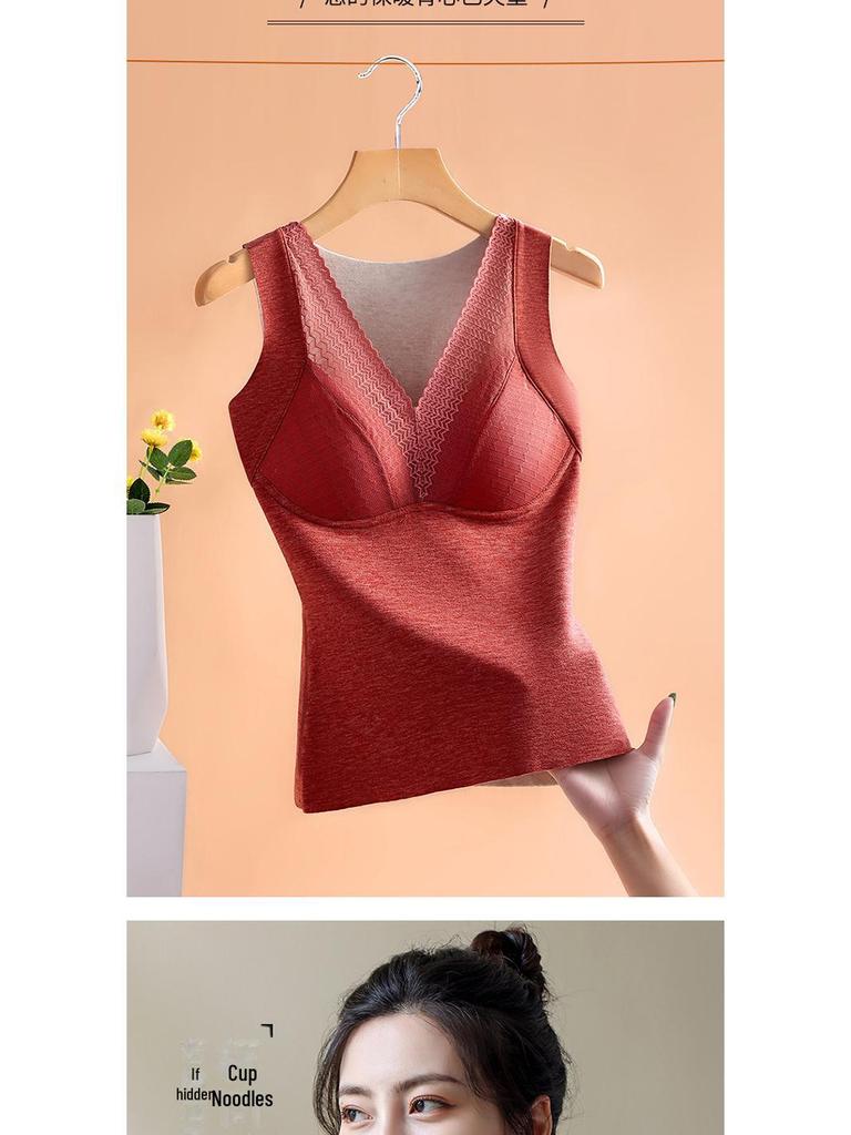 Elegant Velvet Lace V-Neck Women's Warm Vest with Fixed Cups and Silk Cashmere Base