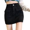 Summer Denim Skirt with Liner High Waist Button Zipper Fly Short Skirt with Fly Pockets Solid Color A-Line Hip Wrapped Skirt