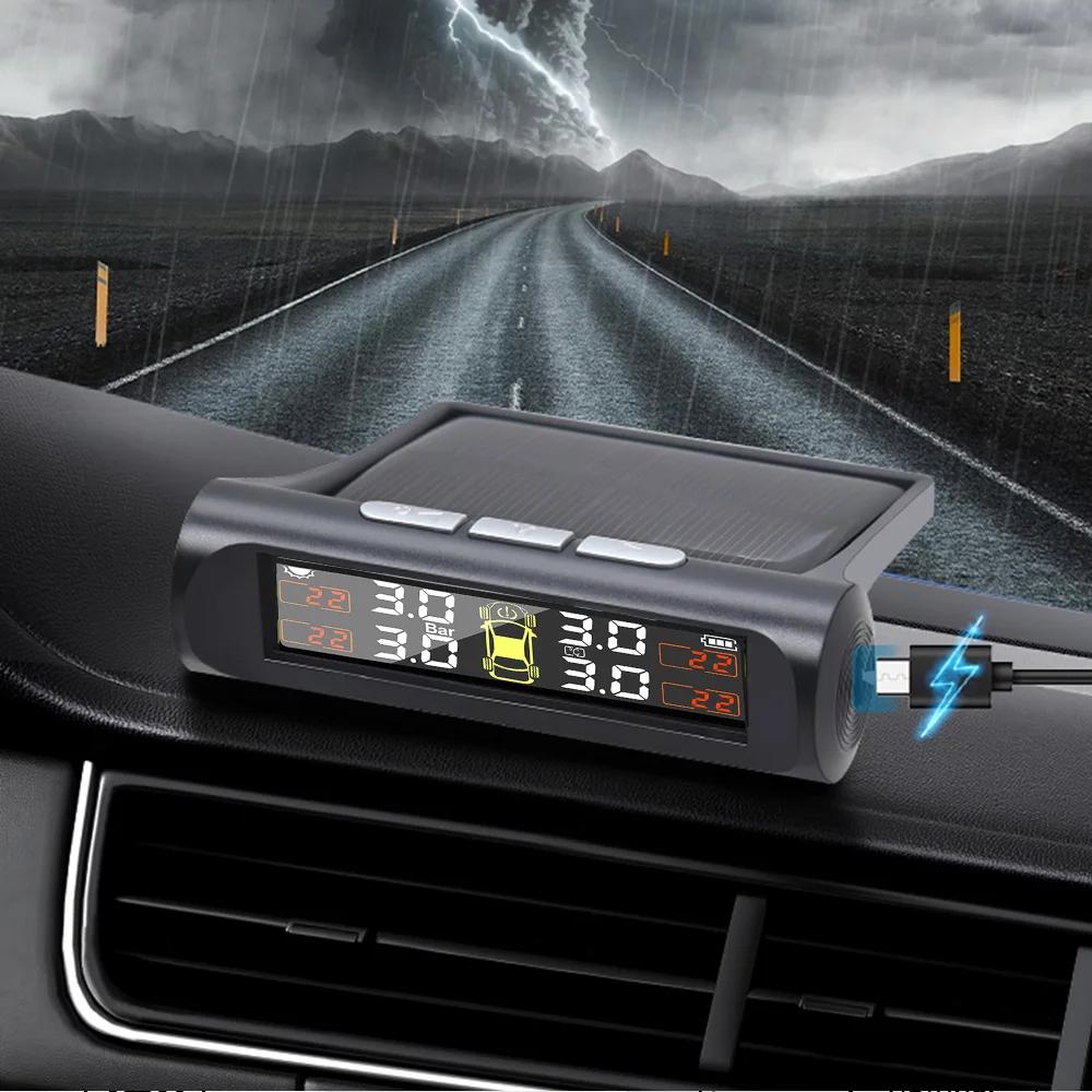 TPMS Solar Tire Pressure Sensor Car Tire Pressure Monitoring System with 4 Wheel Internal External Sensors TMPS