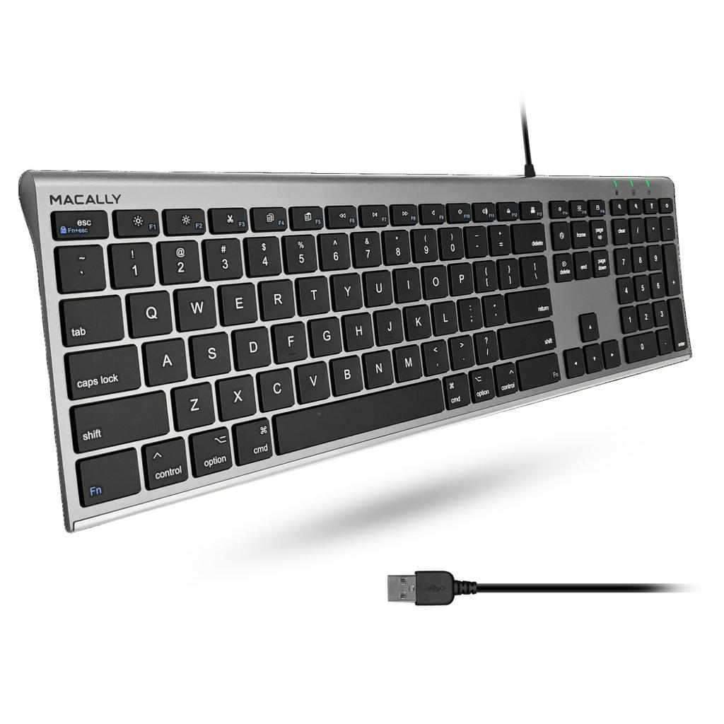 MACALLY Mac Keyboard, US Layout, Wired, All-Aluminum Frame, Slim, Quiet, Scissor-Style Keys, with Numeric Keypad, for Working from Home, Telework,