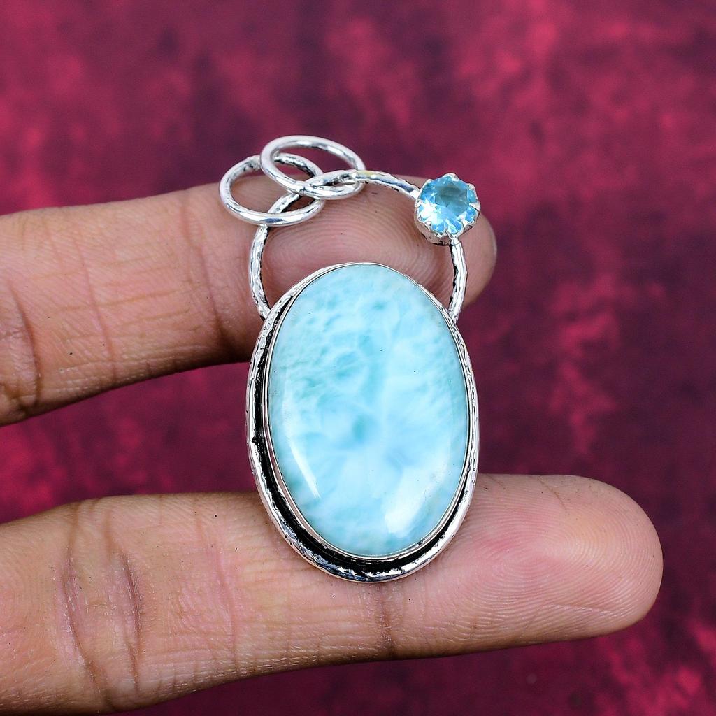 Larimar & Blautopas Anhänger, 925 Sterlingsilber Anhänger Schmuck. Geschenk für Frauen, handgefertigter Anhänger, Edelsteinschmuck