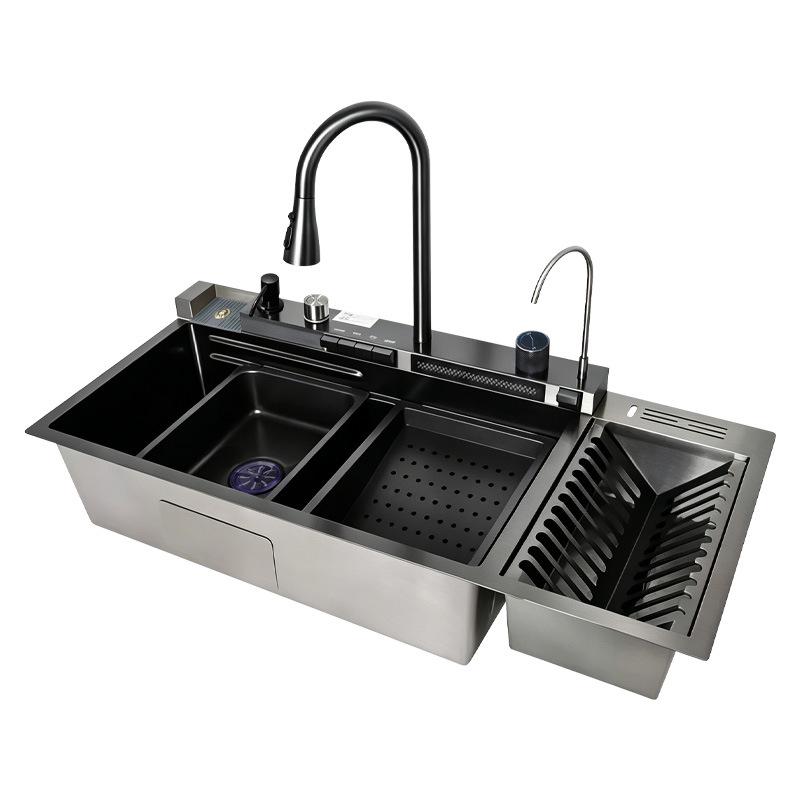 Whale Waterfall Rain Spray Large Single Bowl Sink with Draining Rack and Stainless Steel Vegetable Washing Basin